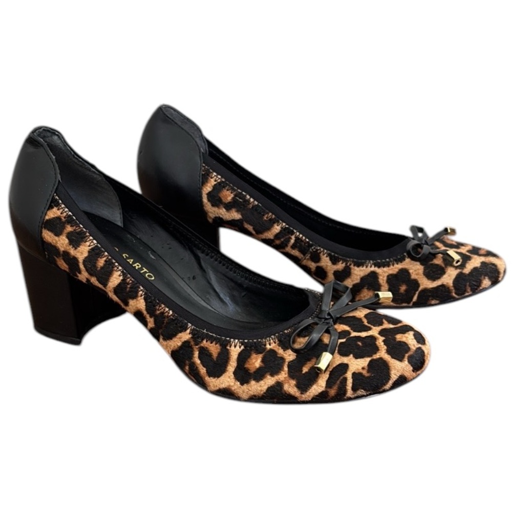 Franco Sarto Leopard Print Dyed Cow Fur Leather Bow Detail Block Heel Pumps Sz 9